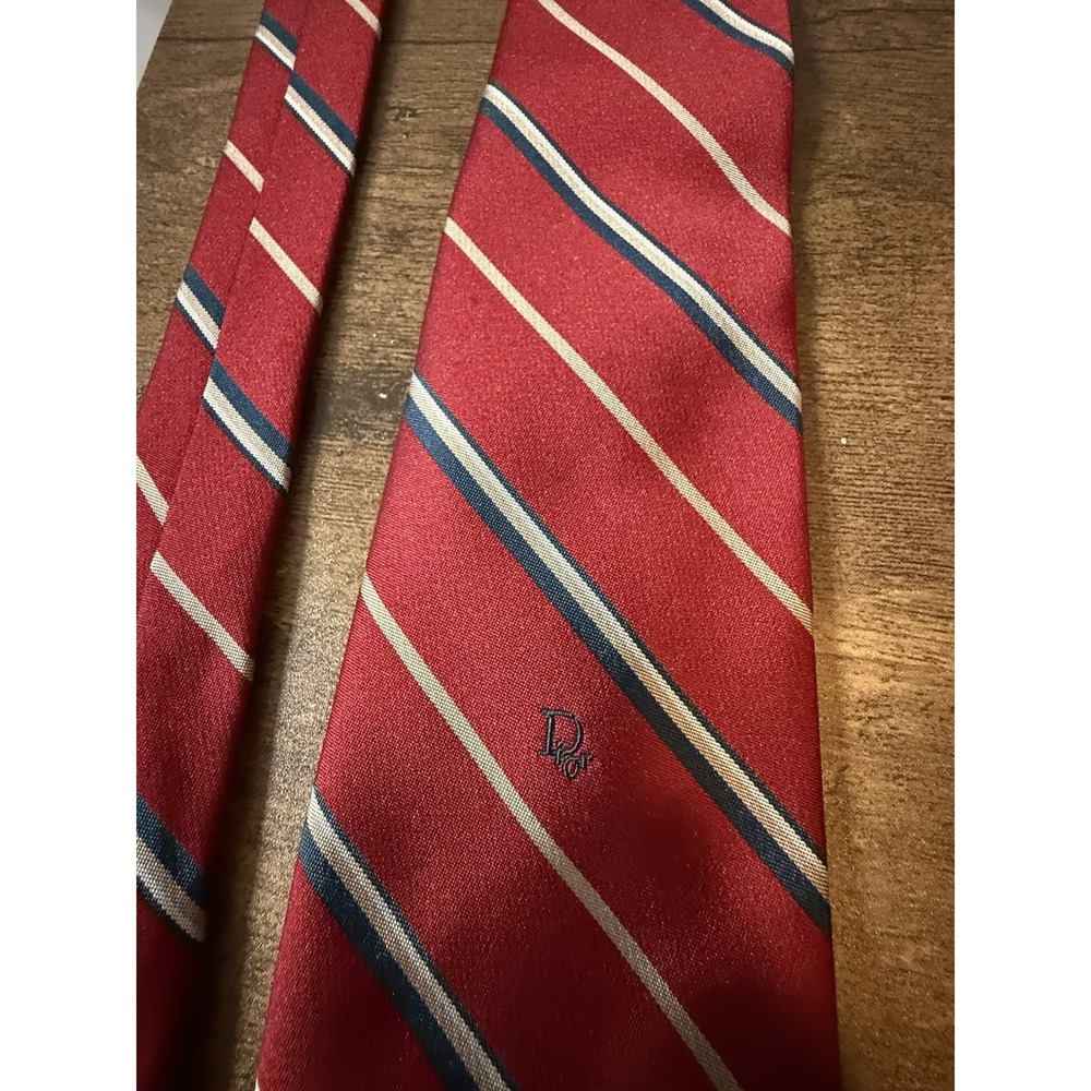 Vintage Christian Dior Paris New York Silk Tie Red Navy Stripe Logo 3.5"